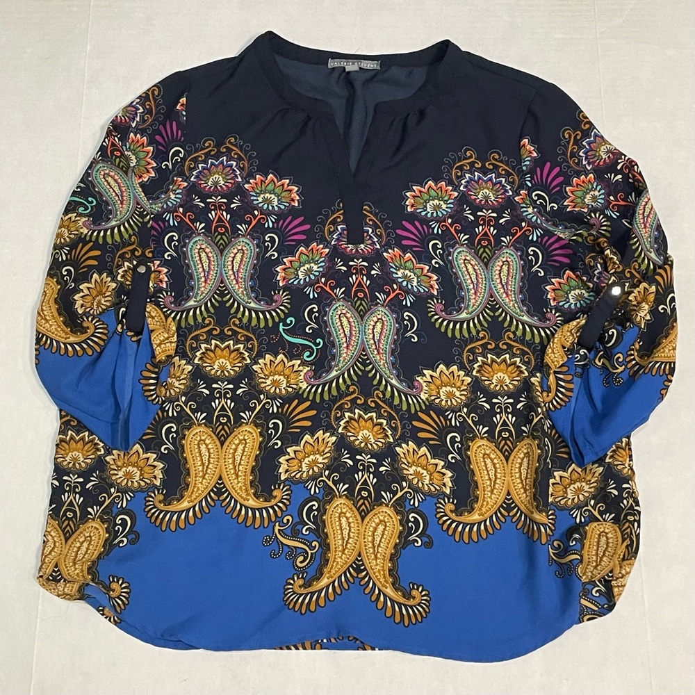 Valerie Stevens Blue Floral Paisley Boho Blouse 3/4 Roll Sleeve, Women’s Sz XL